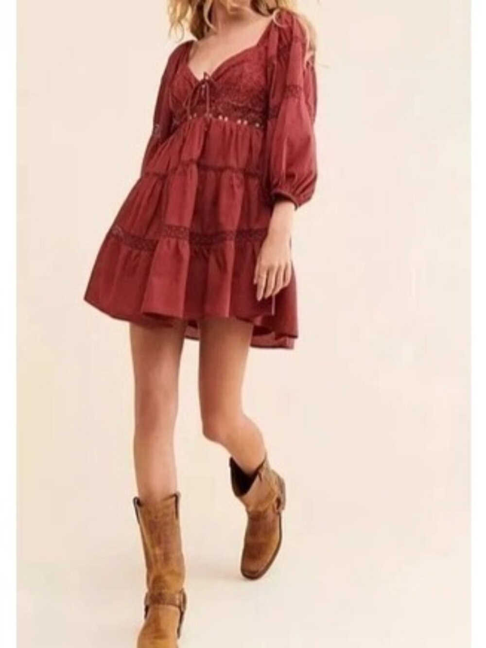 Free People All Mine Embroidered Lace Ballon Sleeve Mini Dress/Mulberry X-Small